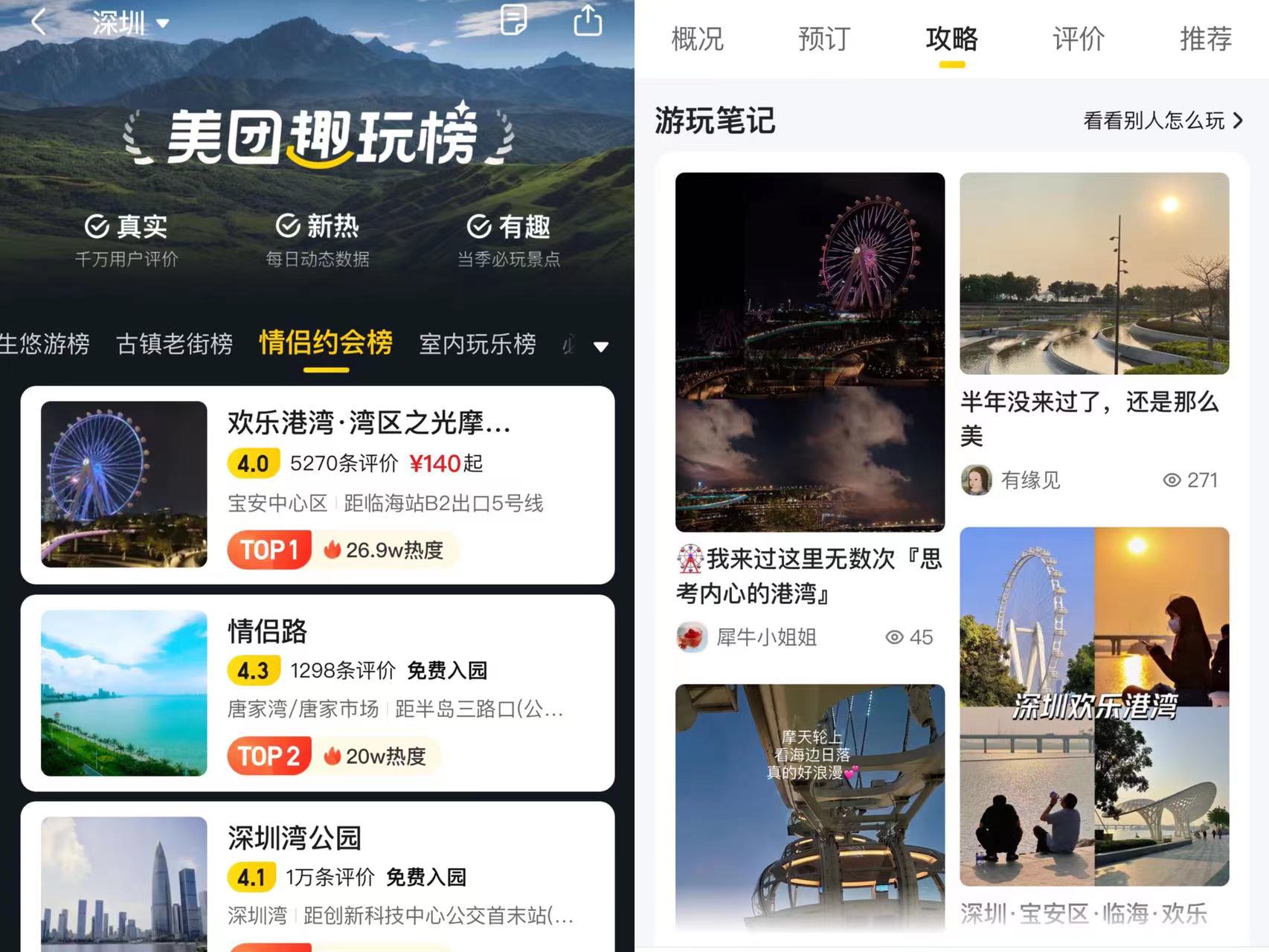 ▲ “灣區(qū)之光”摩天輪位居深圳“情侶約會榜”熱度第一名 圖片來源:美團App截圖