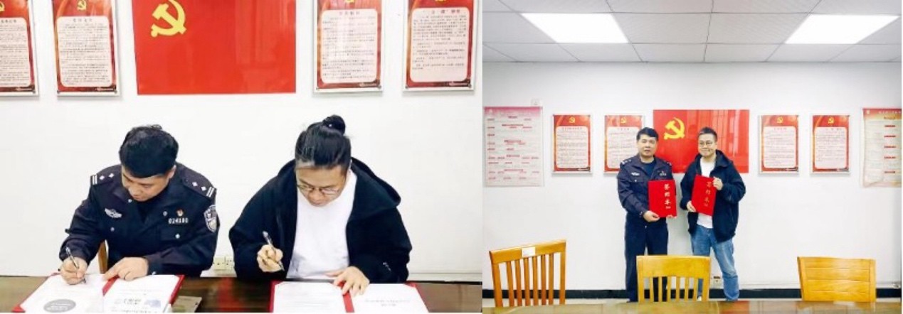 壹心理代表——公司創(chuàng)始人黃偉強與華洲派出所代表——所長馮榮煒簽署合作協議書